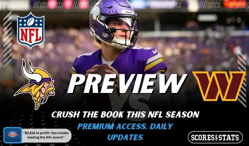 Previews 6 Minnesota Vikings and Washington Commanders featured in NFL preview graphic ahead of their upcoming matchup.