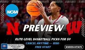 Nebraska Cornhuskers and Wisconsin Badgers featured in NCAA basketball preview graphic ahead of their upcoming matchup.