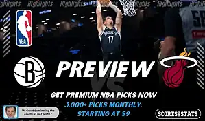 Brooklyn Nets vs Miami Heat NBA game preview image showing Nets player dunking the ball with Miami Heat logo and crowd in the background