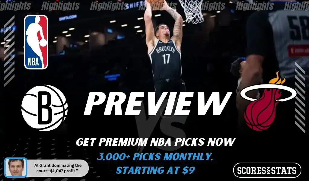 Previews 9 Brooklyn Nets vs Miami Heat NBA game preview image showing Nets player dunking the ball with Miami Heat logo and crowd in the background