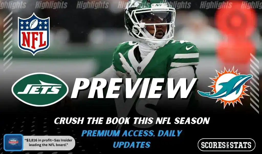 New York Jets and Miami Dolphins featured in NFL preview graphic ahead of their upcoming matchup.