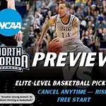 Home 44 North Florida Ospreys vs Charleston Southern Buccaneers NCAA basketball game preview image showing Ospreys player dribbling the ball with team logos visible