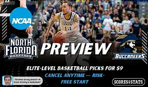 North Florida Ospreys vs Charleston Southern Buccaneers NCAA basketball game preview image showing Ospreys player dribbling the ball with team logos visible