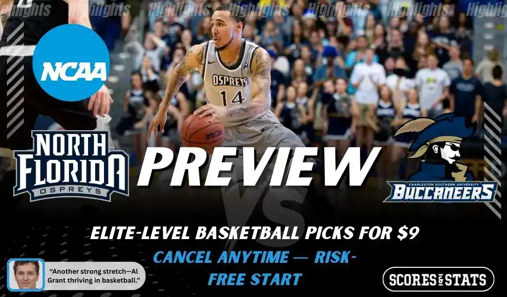 NCAAB 1 North Florida Ospreys vs Charleston Southern Buccaneers NCAA basketball game preview image showing Ospreys player dribbling the ball with team logos visible