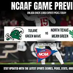 NCAAF game preview graphic featuring Tulane vs North Texas, with sports stats and analysis information.