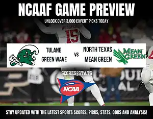 NCAAF game preview graphic featuring Tulane vs North Texas, with sports stats and analysis information.