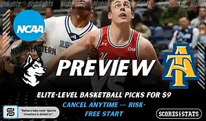 College basketball preview graphic featuring Northeastern Huskies and North Carolina A and T Aggies logos with players battling for position and the word preview across the center