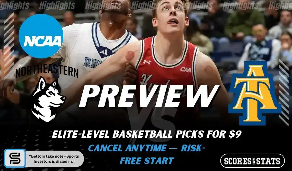 College basketball preview graphic featuring Northeastern Huskies and North Carolina A and T Aggies logos with players battling for position and the word preview across the center