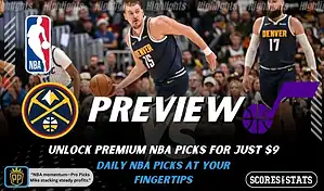 Denver Nuggets vs Utah Jazz NBA preview graphic showing a Nuggets player dribbling with Nuggets and Jazz logos and Scores and Stats branding