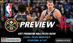 Denver Nuggets vs Houston Rockets NBA preview graphic featuring Nuggets players with Nuggets and Rockets logos and Scores and Stats branding