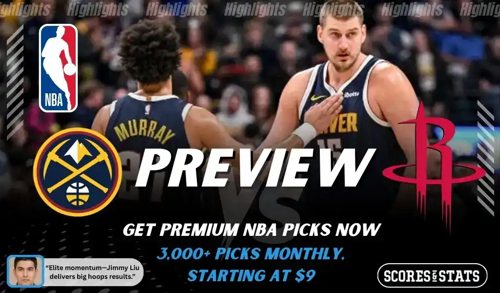 Denver Nuggets vs Houston Rockets NBA preview graphic featuring Nuggets players with Nuggets and Rockets logos and Scores and Stats branding