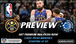 Denver Nuggets vs Orlando Magic NBA game preview image featuring Nuggets player on the court with team logos displayed