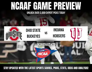 NCAAF game preview for Ohio State Buckeyes vs Indiana Hoosiers, featuring promotional text for expert picks and stats.