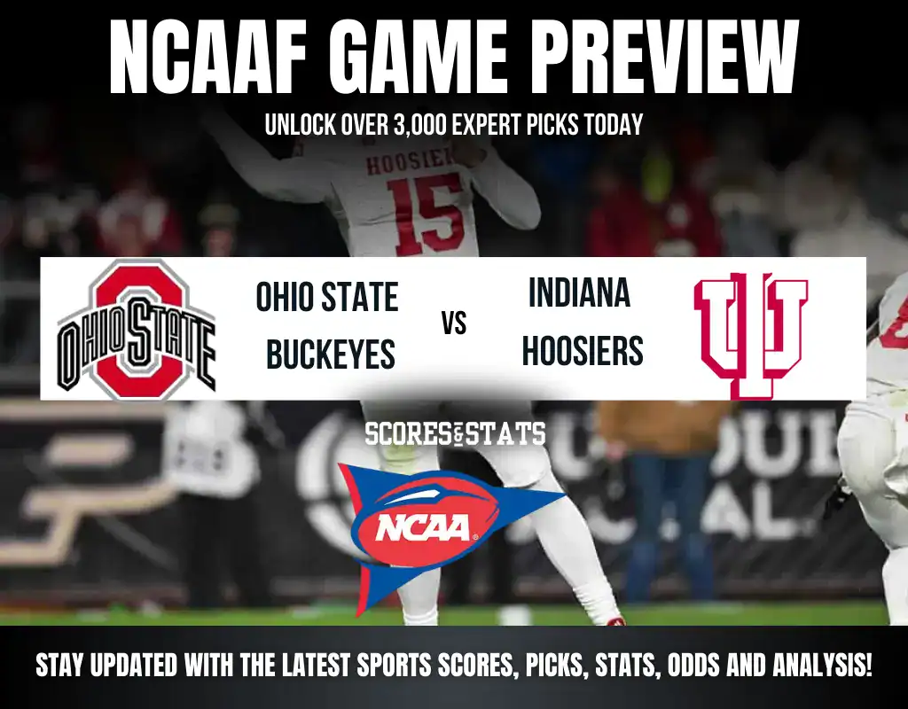 NCAAF game preview for Ohio State Buckeyes vs Indiana Hoosiers, featuring promotional text for expert picks and stats.