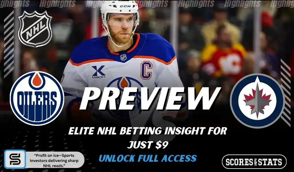 NHL preview graphic featuring Edmonton Oilers and Winnipeg Jets logos with an Oilers player on the ice and the word preview across the center