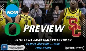Oregon Ducks and USC Trojans shown in NCAA basketball preview graphic ahead of their upcoming matchup.
