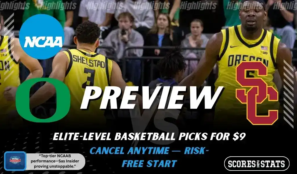 Oregon Ducks and USC Trojans shown in NCAA basketball preview graphic ahead of their upcoming matchup.