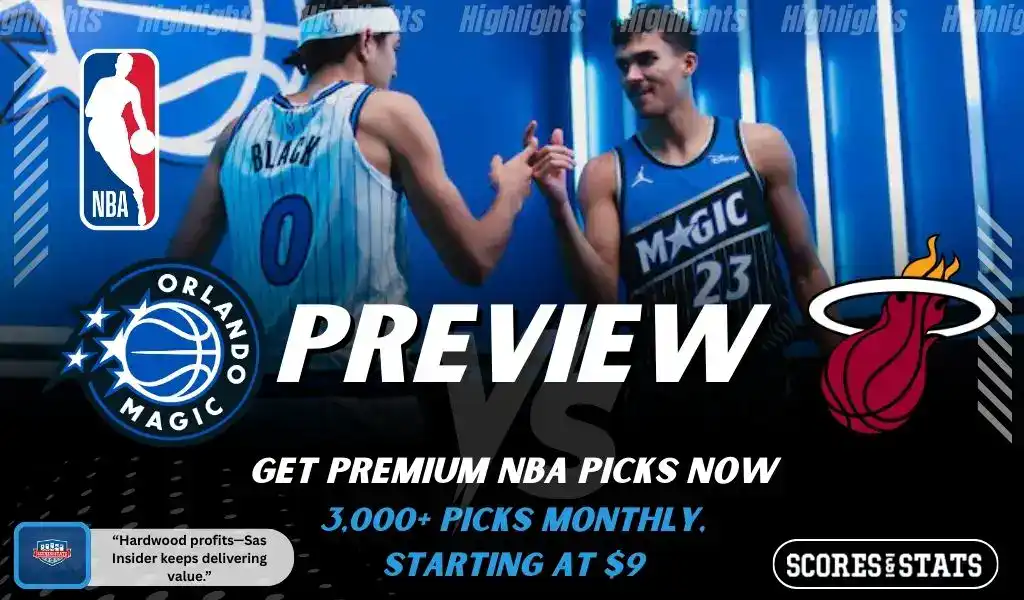 Orlando Magic and Miami Heat featured in NBA preview graphic ahead of their upcoming matchup.
