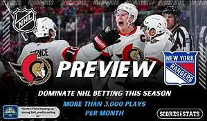 Ottawa Senators and New York Rangers featured in NHL preview graphic ahead of their upcoming matchup.