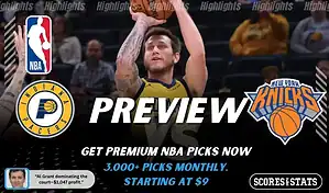 Indiana Pacers vs New York Knicks NBA game preview image showing Pacers player taking a jump shot with team logos displayed