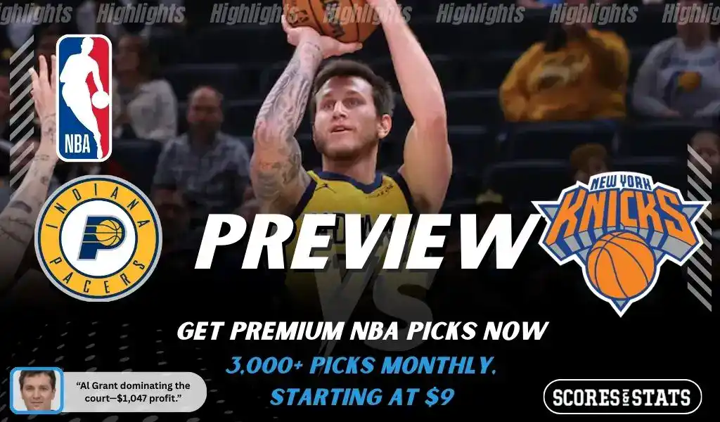 Previews 9 Indiana Pacers vs New York Knicks NBA game preview image showing Pacers player taking a jump shot with team logos displayed