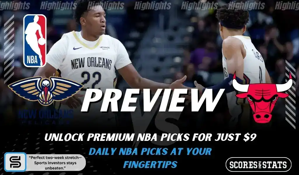 NBA preview graphic featuring New Orleans Pelicans and Chicago Bulls logos with Pelicans players on the court and the word preview across the center