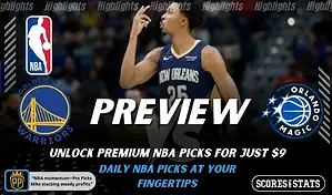 New Orleans Pelicans vs Dallas Mavericks NBA preview graphic featuring a Pelicans player with Pelicans and Mavericks logos and Scores and Stats branding