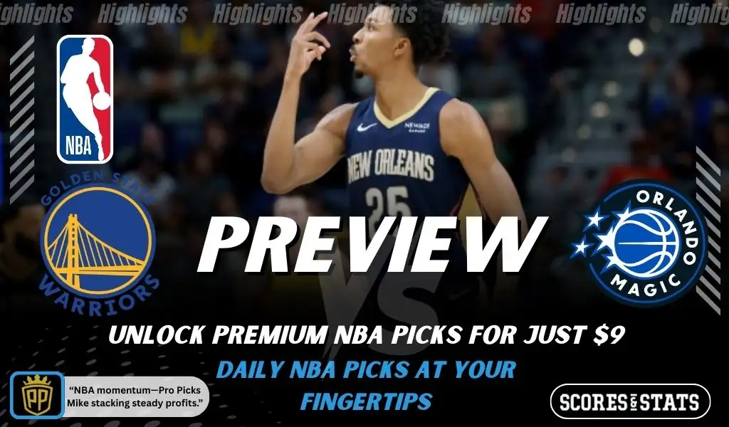 New Orleans Pelicans vs Dallas Mavericks NBA preview graphic featuring a Pelicans player with Pelicans and Mavericks logos and Scores and Stats branding