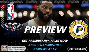 New Orleans Pelicans vs Indiana Pacers NBA preview graphic featuring a Pelicans player with Pelicans and Pacers logos and Scores and Stats branding