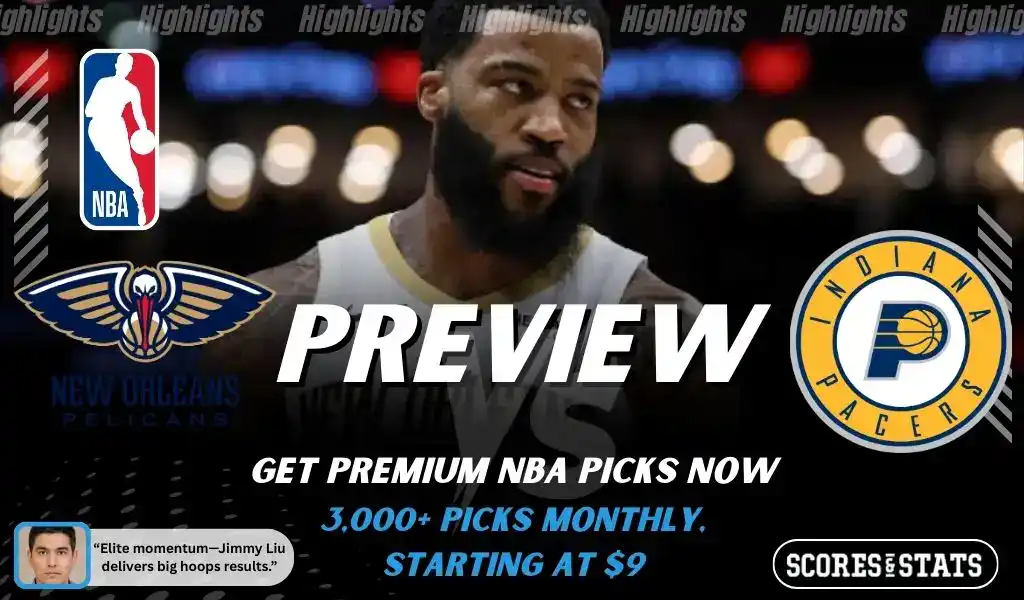 New Orleans Pelicans vs Indiana Pacers NBA preview graphic featuring a Pelicans player with Pelicans and Pacers logos and Scores and Stats branding