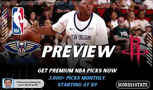 New Orleans Pelicans vs Houston Rockets NBA game preview image featuring Pelicans player handling the ball with team logos displayed