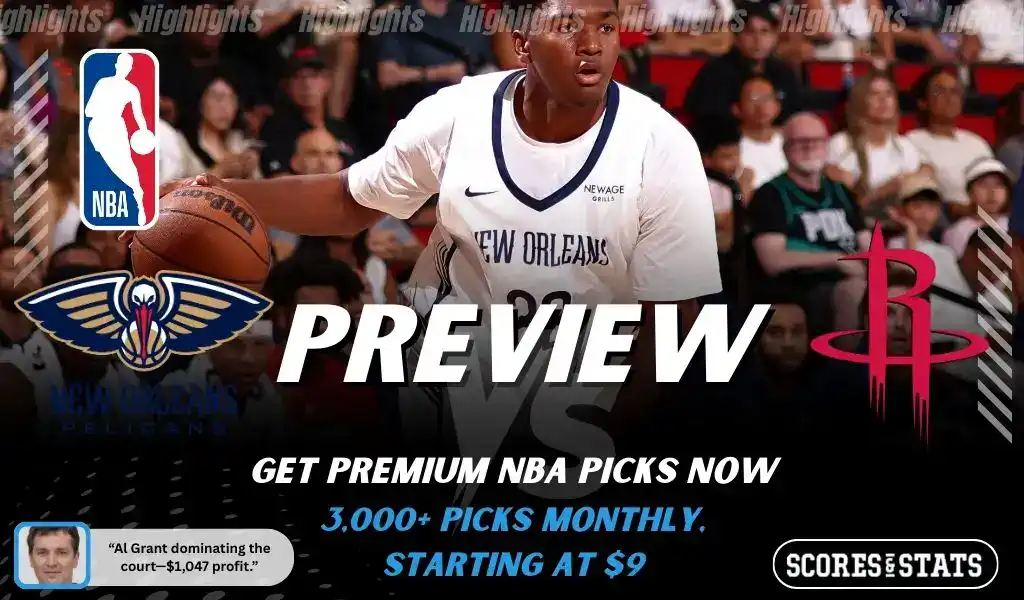Previews 10 New Orleans Pelicans vs Houston Rockets NBA game preview image featuring Pelicans player handling the ball with team logos displayed