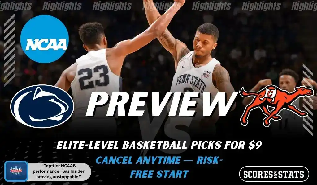 Penn State Nittany Lions and Campbell Fighting Camels featured in NCAA basketball preview graphic before their upcoming matchup.