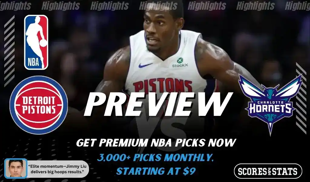 Detroit Pistons vs Charlotte Hornets NBA preview graphic featuring a Pistons player with Pistons and Hornets logos and Scores and Stats branding