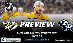 NHL preview graphic featuring Nashville Predators and Utah Mammoth logos with a Predators player on the ice and the word preview across the center