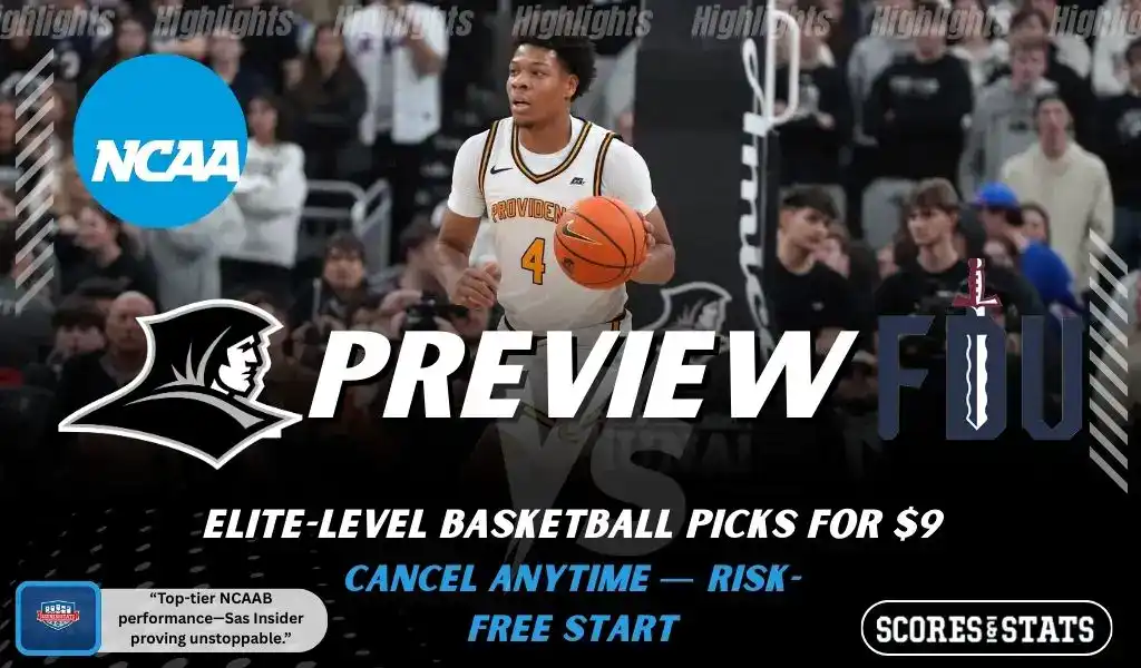 Providence Friars and Fairleigh Dickinson Knights shown in NCAA basketball preview graphic ahead of their upcoming matchup.