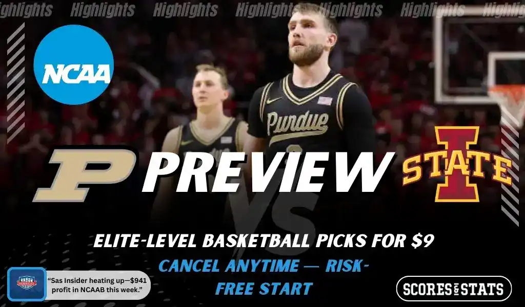 Purdue Boilermakers and Iowa State Cyclones featured in NCAA basketball preview graphic ahead of their upcoming matchup.