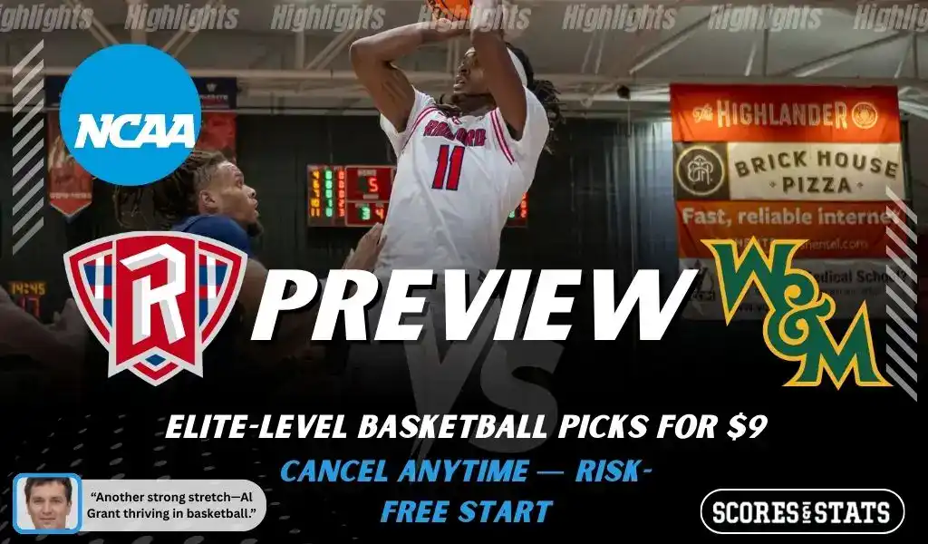 Radford Highlanders vs William Mary Tribe NCAA basketball game preview image showing Radford player attempting a shot with defenders and team logos visible
