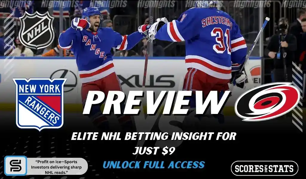 NHL preview graphic featuring New York Rangers and Carolina Hurricanes logos with Rangers players celebrating on the ice and the word preview across the center