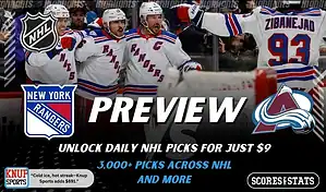 New York Rangers and Colorado Avalanche shown in NHL preview graphic ahead of their upcoming matchup.