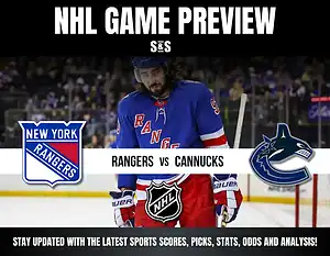 NHL Game Preview featuring a New York Rangers player in blue jersey against the Vancouver Canucks with game details below.