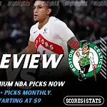 Home 13 Toronto Raptors vs Boston Celtics NBA preview graphic featuring two Raptors players with Raptors and Celtics logos and Scores and Stats branding