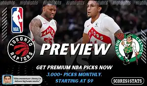Toronto Raptors vs Boston Celtics NBA preview graphic featuring two Raptors players with Raptors and Celtics logos and Scores and Stats branding