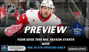 NHL preview graphic featuring Detroit Red Wings and Toronto Maple Leafs logos with a Red Wings player skating and the word preview across the center