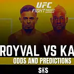 Home 52 Image of a UFC Fight Night promotional poster featuring two fighters, Royval and Kape, with intense expressions.