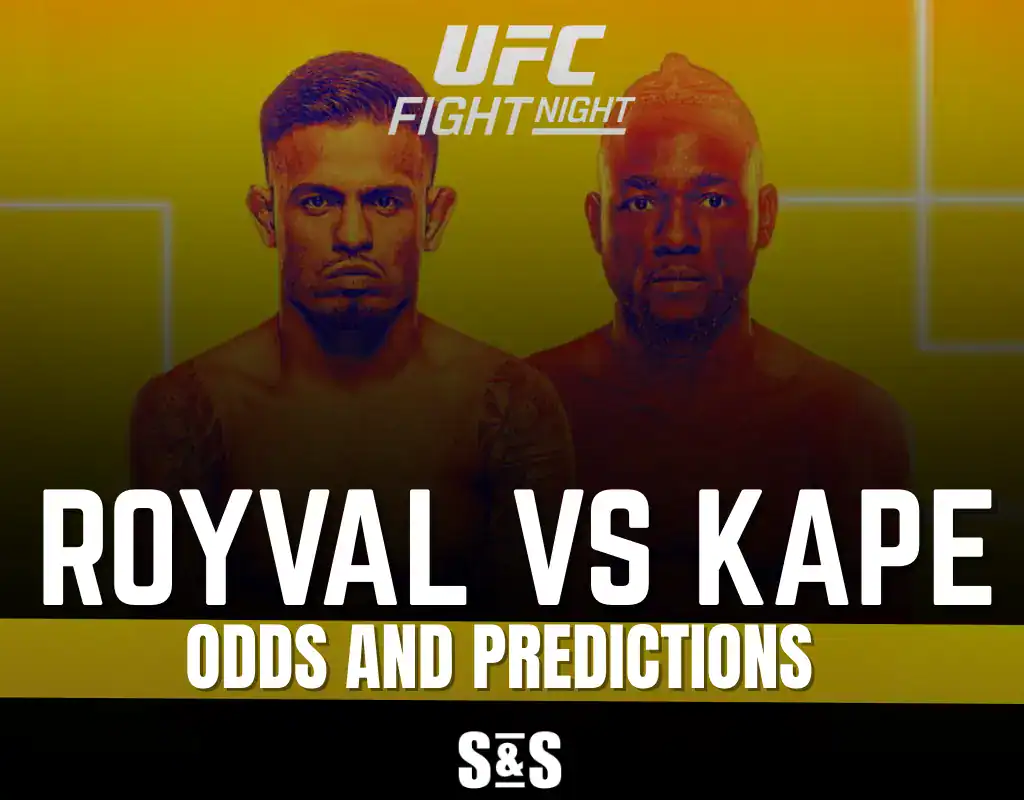 Blog 8 Image of a UFC Fight Night promotional poster featuring two fighters, Royval and Kape, with intense expressions.