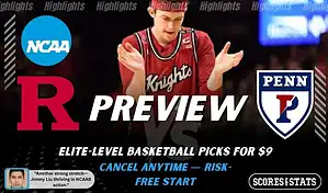 Rutgers Scarlet Knights vs Penn Quakers NCAA basketball preview graphic featuring a Rutgers player with Rutgers and Penn logos and Scores and Stats branding