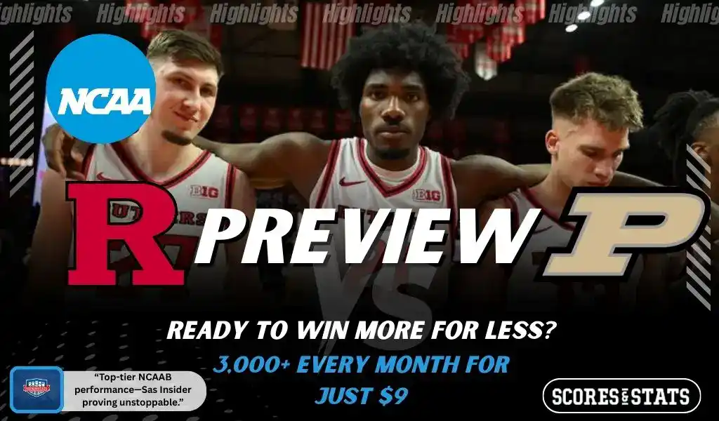 Rutgers Scarlet Knights and Purdue Boilermakers players featured in NCAA basketball preview graphic for upcoming matchup.