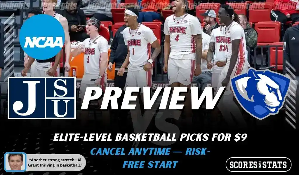 SIUE Cougars vs Eastern Illinois Panthers NCAA basketball game preview image showing SIUE players celebrating on the bench with team logos displayed