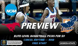 College basketball preview graphic featuring SMU Mustangs and Cal State Fullerton Titans logos with SMU players on the court and the word preview across the center